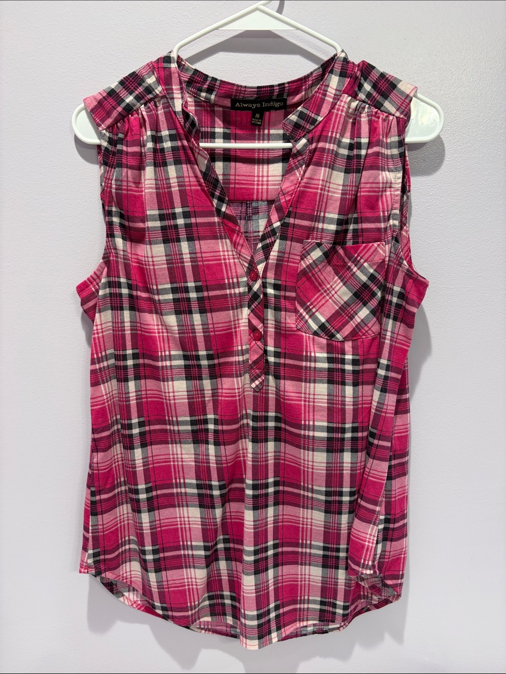 Always Indigo Pink Plaid Sleeveless Blouse
